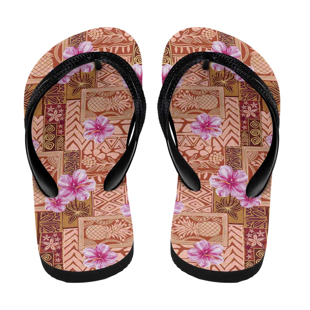 Orange Hawaii Hibiscus Tropical Flowers Motifs Flip Flops - Polynesian Pride