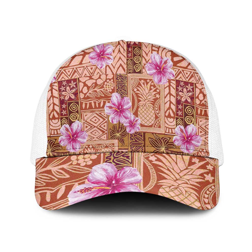 Orange Hawaii Hibiscus With Tropical Flowers Motifs Mesh Trucker Cap - Polynesian Pride