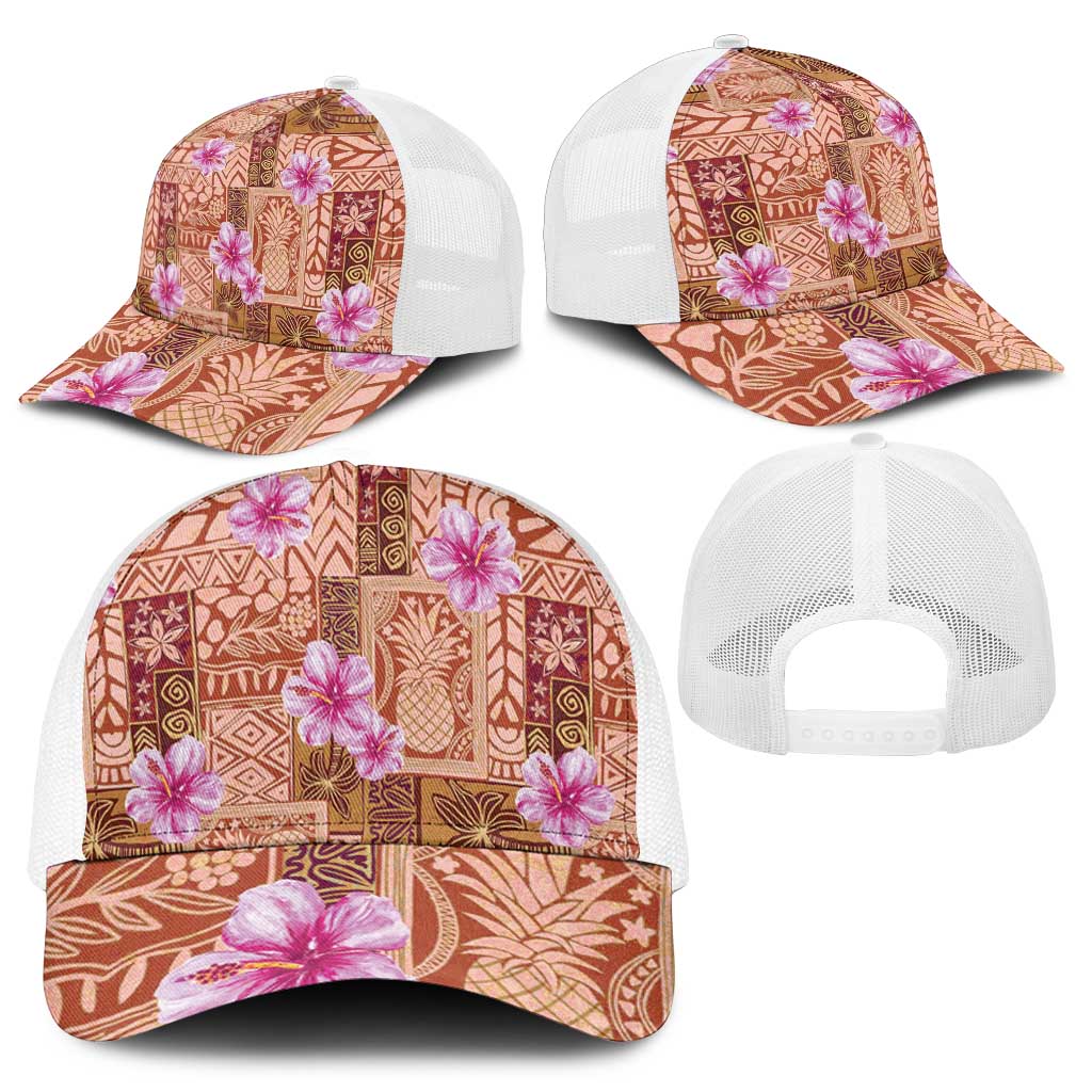 Orange Hawaii Hibiscus With Tropical Flowers Motifs Mesh Trucker Cap - Polynesian Pride
