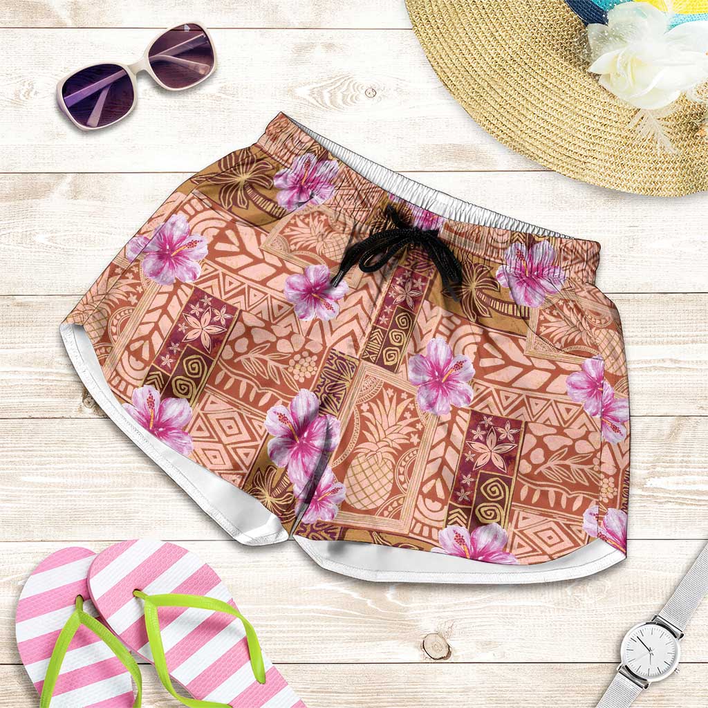 Orange Hawaii Hibiscus With Tropical Flowers Motifs Shorts for Women - Polynesian Pride