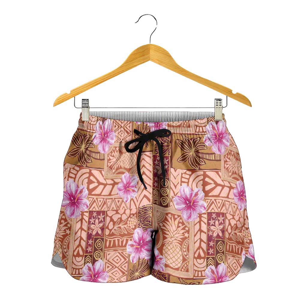 Orange Hawaii Hibiscus With Tropical Flowers Motifs Shorts for Women - Polynesian Pride
