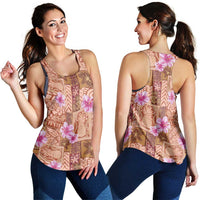 Orange Hawaii Hibiscus With Tropical Flowers Motifs Women Racerback Tank - Polynesian Pride