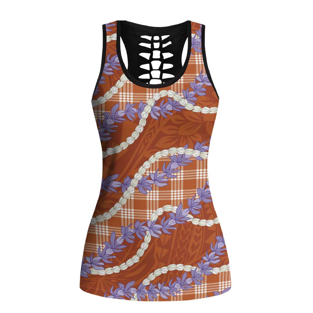 Orange Hawaii Palaka Honohono Pikake Hollow Tank Top Hawaiian Orchid Lei Polynesian Pattern - Polynesian Pride