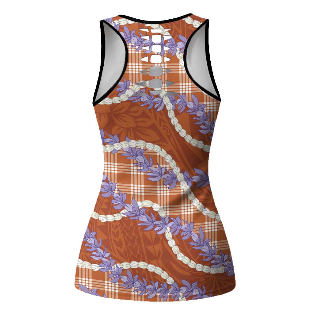 Orange Hawaii Palaka Honohono Pikake Hollow Tank Top Hawaiian Orchid Lei Polynesian Pattern - Polynesian Pride