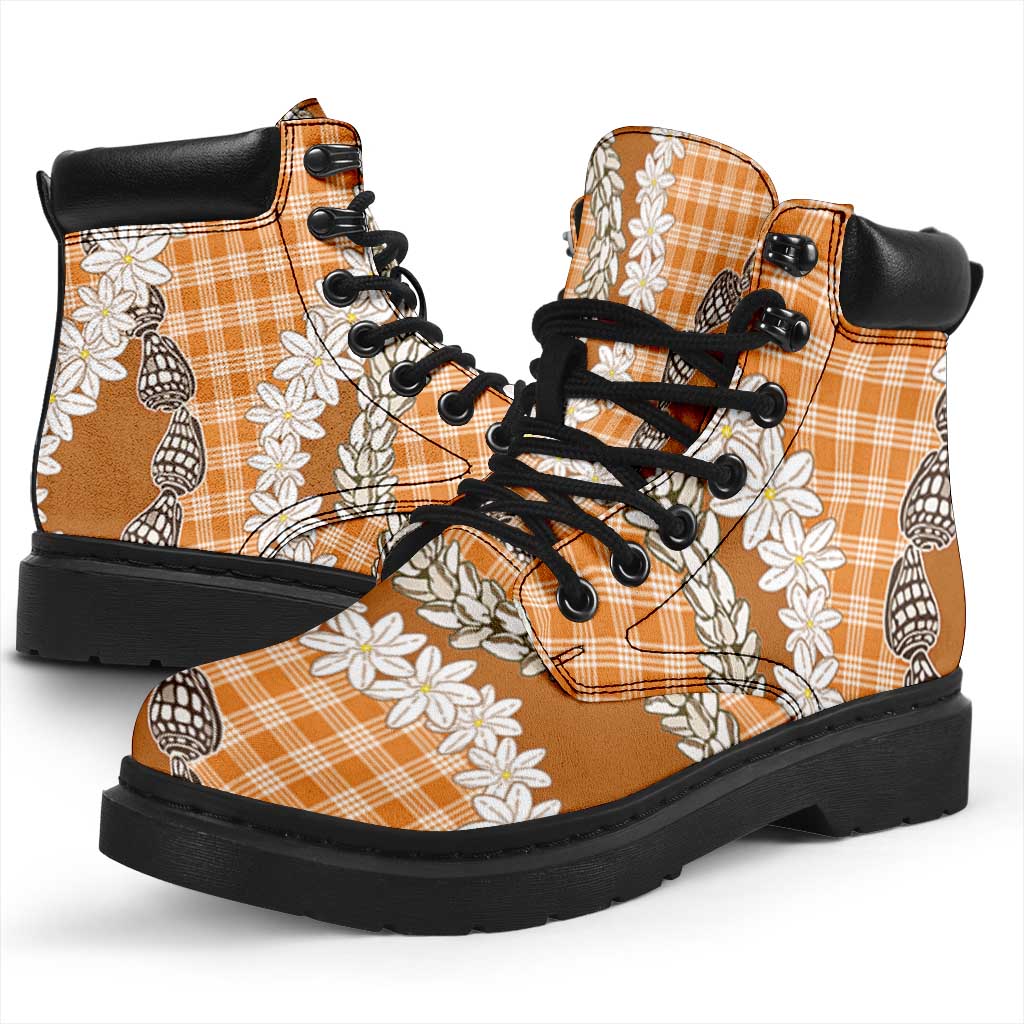 Orange Hawaii Tiare and Shell Lei All Season Boots Hawaiian Palaka Luxury Vibes LT14 - Polynesian Pride