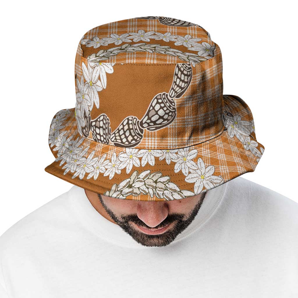 Orange Hawaii Tiare and Shell Lei Bucket Hat Hawaiian Palaka Luxury Vibes LT14 - Polynesian Pride
