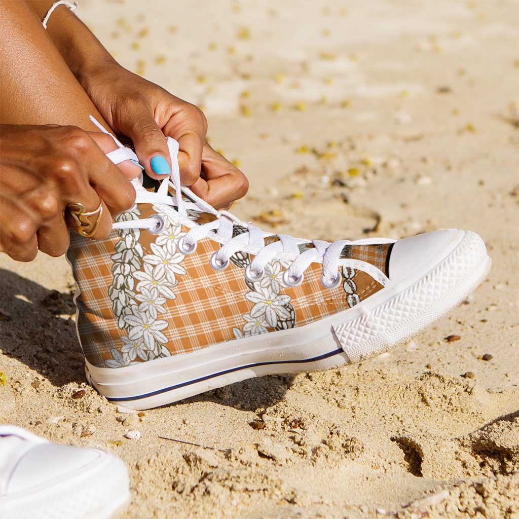 Orange Hawaii Tiare and Shell Lei High Top Shoes Hawaiian Palaka Luxury Vibes - Polynesian Pride