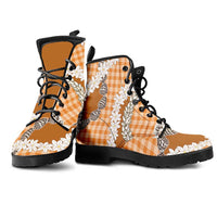 Orange Hawaii Tiare and Shell Lei Leather Boots Hawaiian Palaka Luxury Vibes LT14 - Polynesian Pride