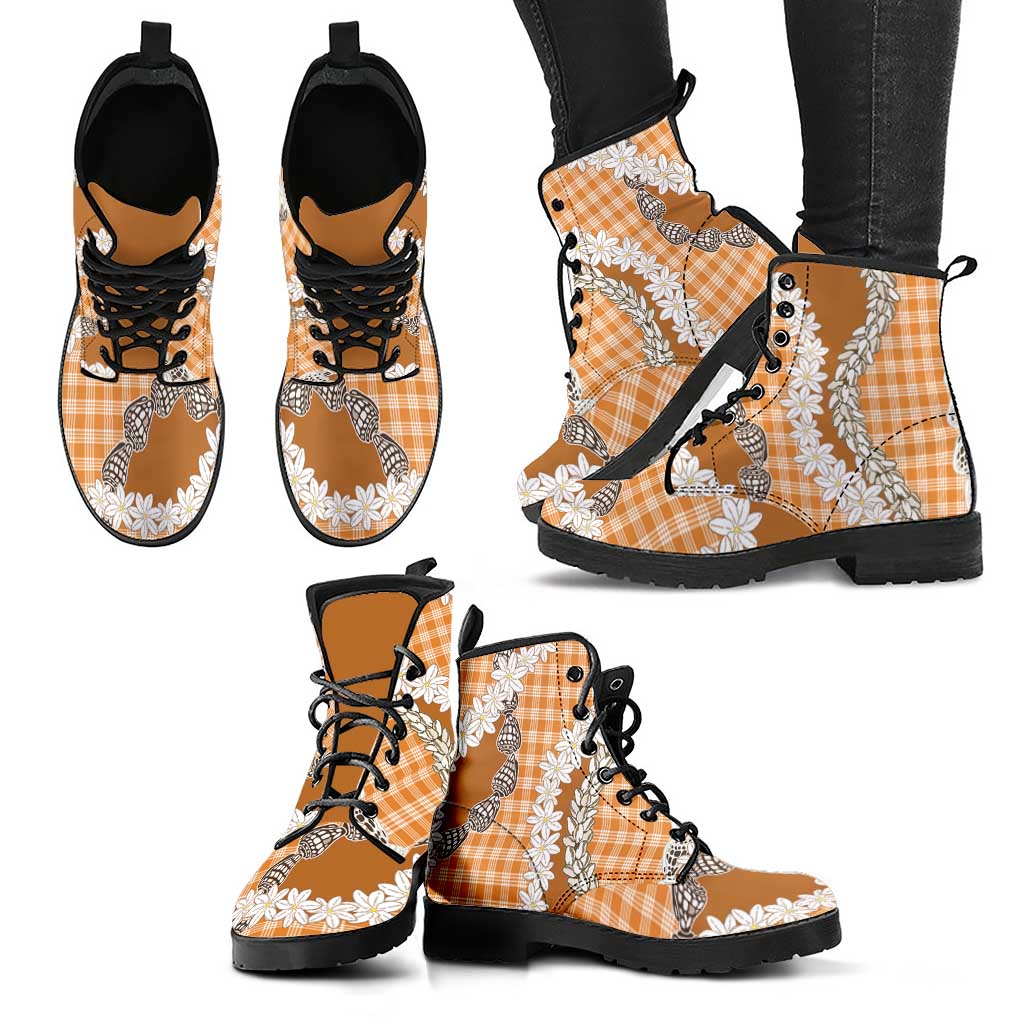 Orange Hawaii Tiare and Shell Lei Leather Boots Hawaiian Palaka Luxury Vibes LT14 - Polynesian Pride