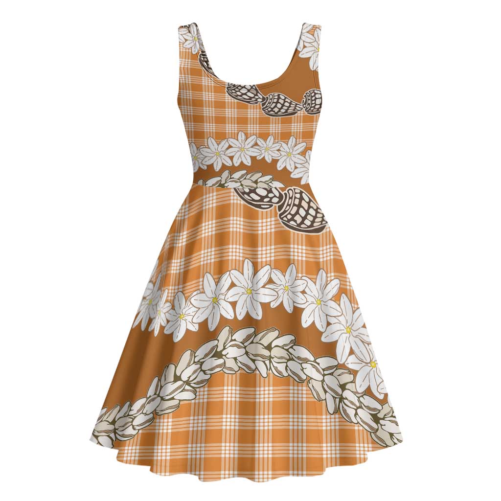 Orange Hawaii Tiare and Shell Lei Midi Dress Hawaiian Palaka Luxury Vibes LT14 - Polynesian Pride