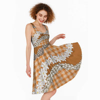 Orange Hawaii Tiare and Shell Lei Midi Dress Hawaiian Palaka Luxury Vibes LT14 - Polynesian Pride