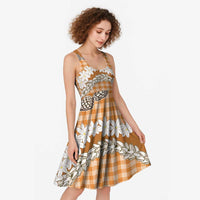 Orange Hawaii Tiare and Shell Lei Midi Dress Hawaiian Palaka Luxury Vibes LT14 - Polynesian Pride