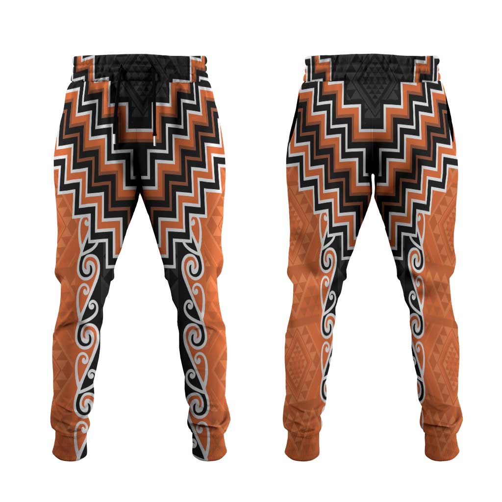 Orange Niho Taniwha Mix Poutama Jogger Pants Unique Taniko Aotearoa - Polynesian Pride