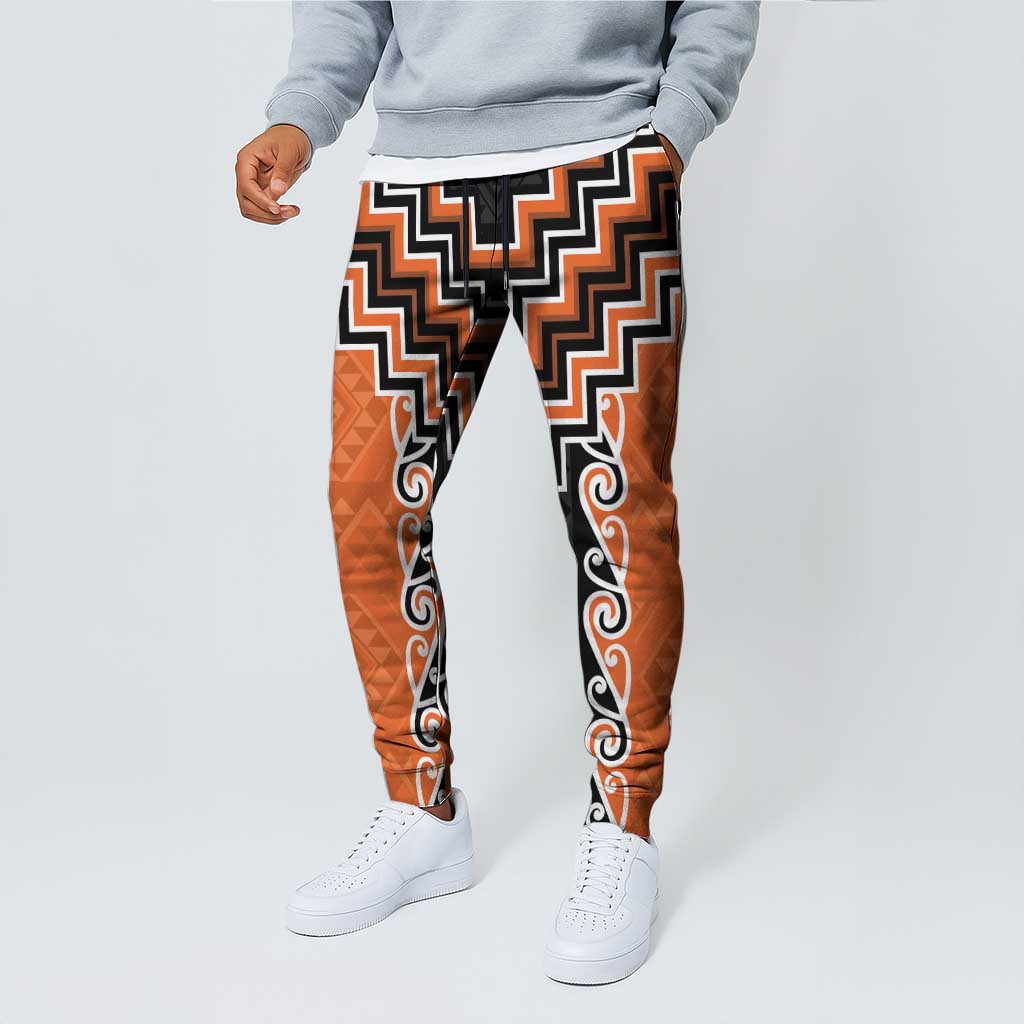 Orange Niho Taniwha Mix Poutama Jogger Pants Unique Taniko Aotearoa - Polynesian Pride