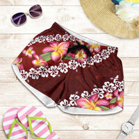 Oxblood Polynesia Shorts for Women Plumeria With Hibiscus Pattern Tropical Vibes LT14 Oxblood - Polynesian Pride