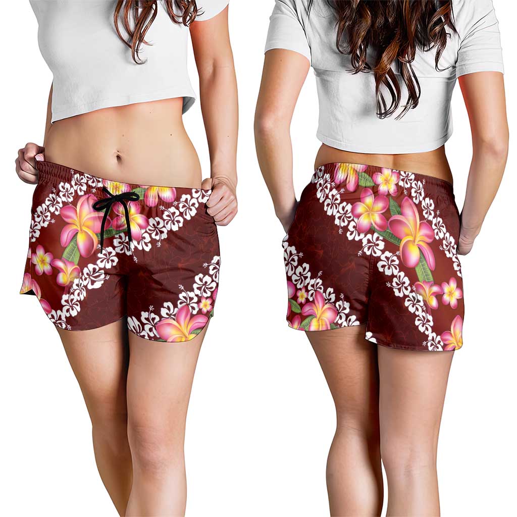 Oxblood Polynesia Shorts for Women Plumeria With Hibiscus Pattern Tropical Vibes LT14 - Polynesian Pride