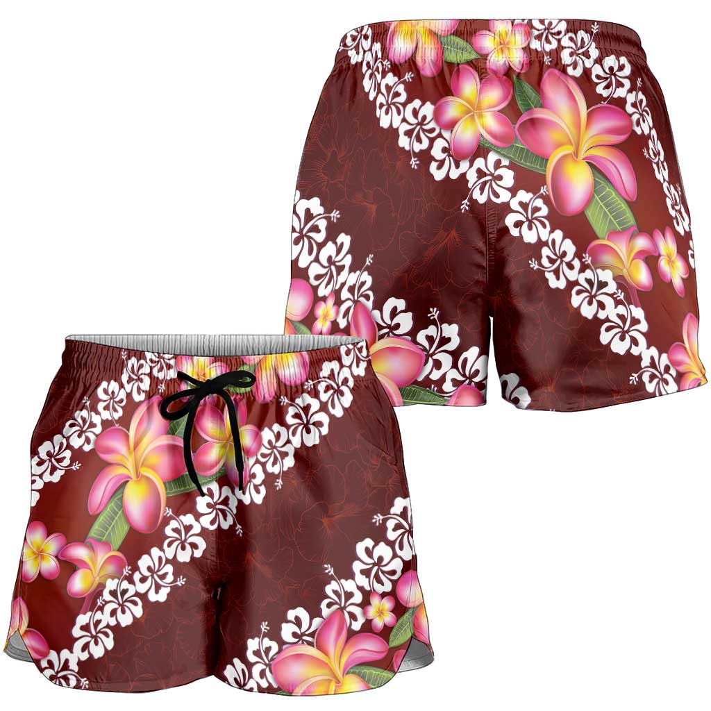 Oxblood Polynesia Shorts for Women Plumeria With Hibiscus Pattern Tropical Vibes LT14 - Polynesian Pride