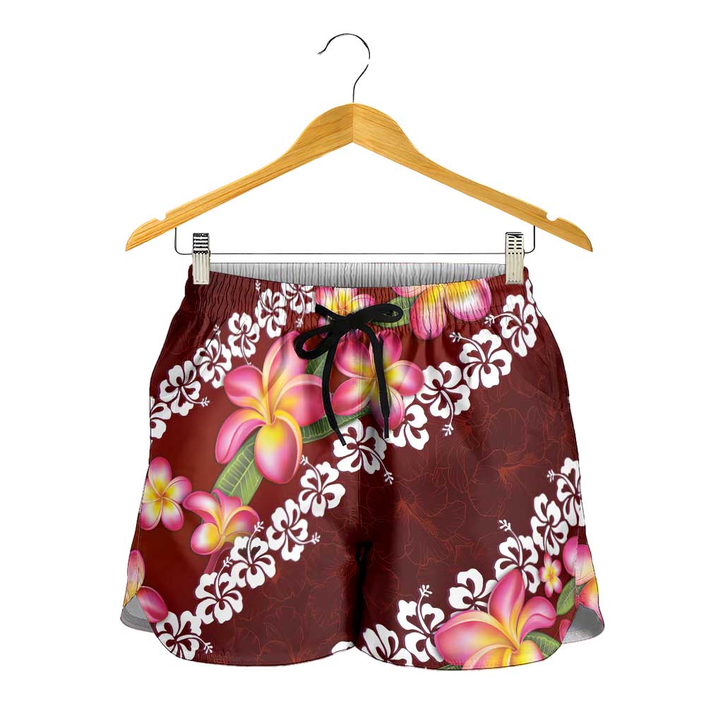 Oxblood Polynesia Shorts for Women Plumeria With Hibiscus Pattern Tropical Vibes LT14 - Polynesian Pride