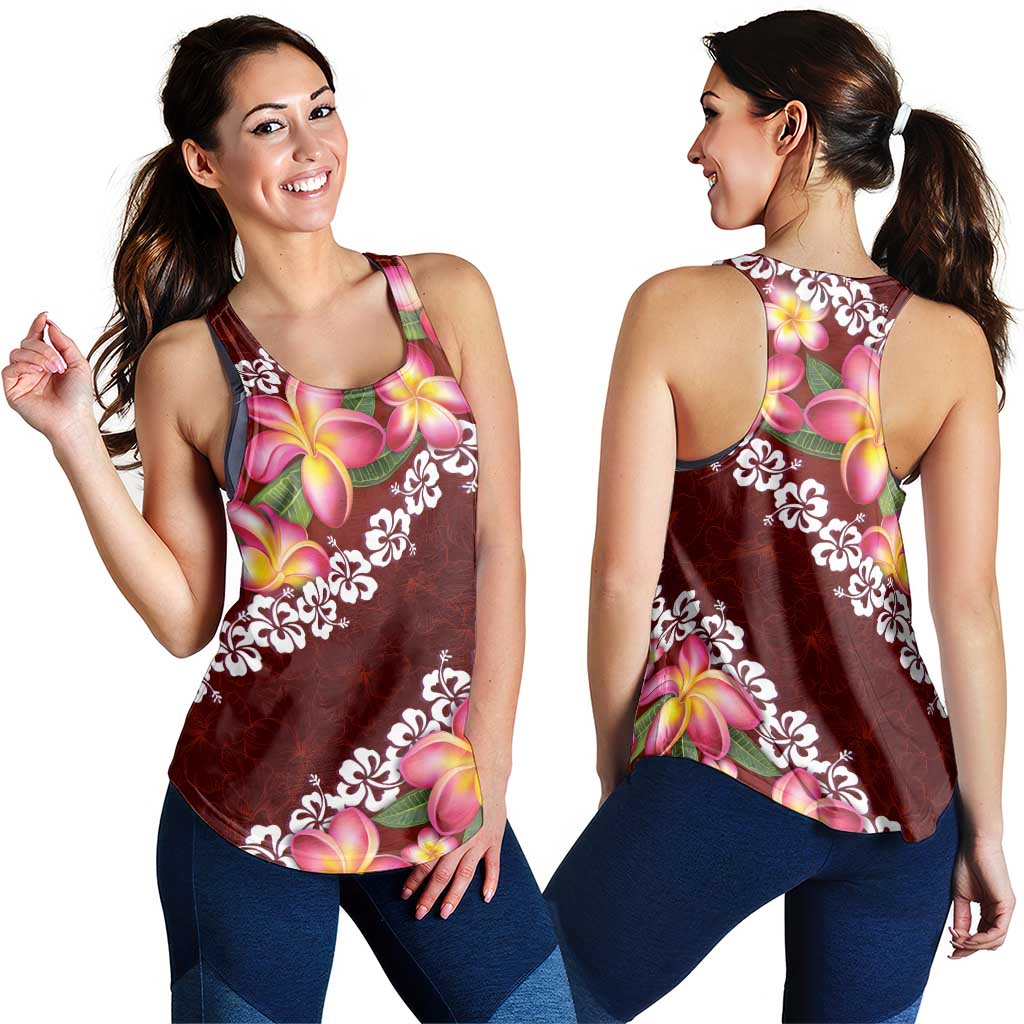 Oxblood Polynesia Women Racerback Tank Plumeria With Hibiscus Pattern Tropical Vibes - Polynesian Pride