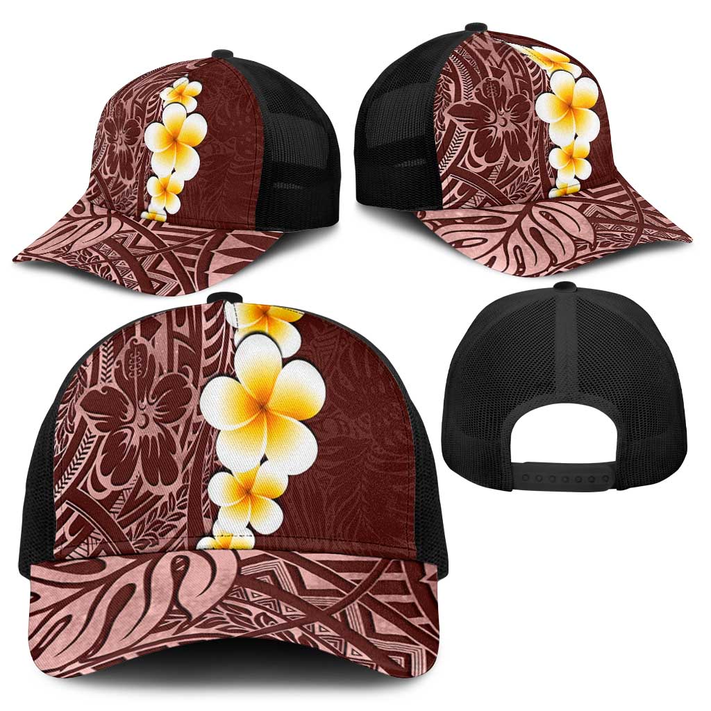 Oxblood Tropical Plumeria With Galaxy Polynesian Art Baseball Net Cap - Polynesian Pride