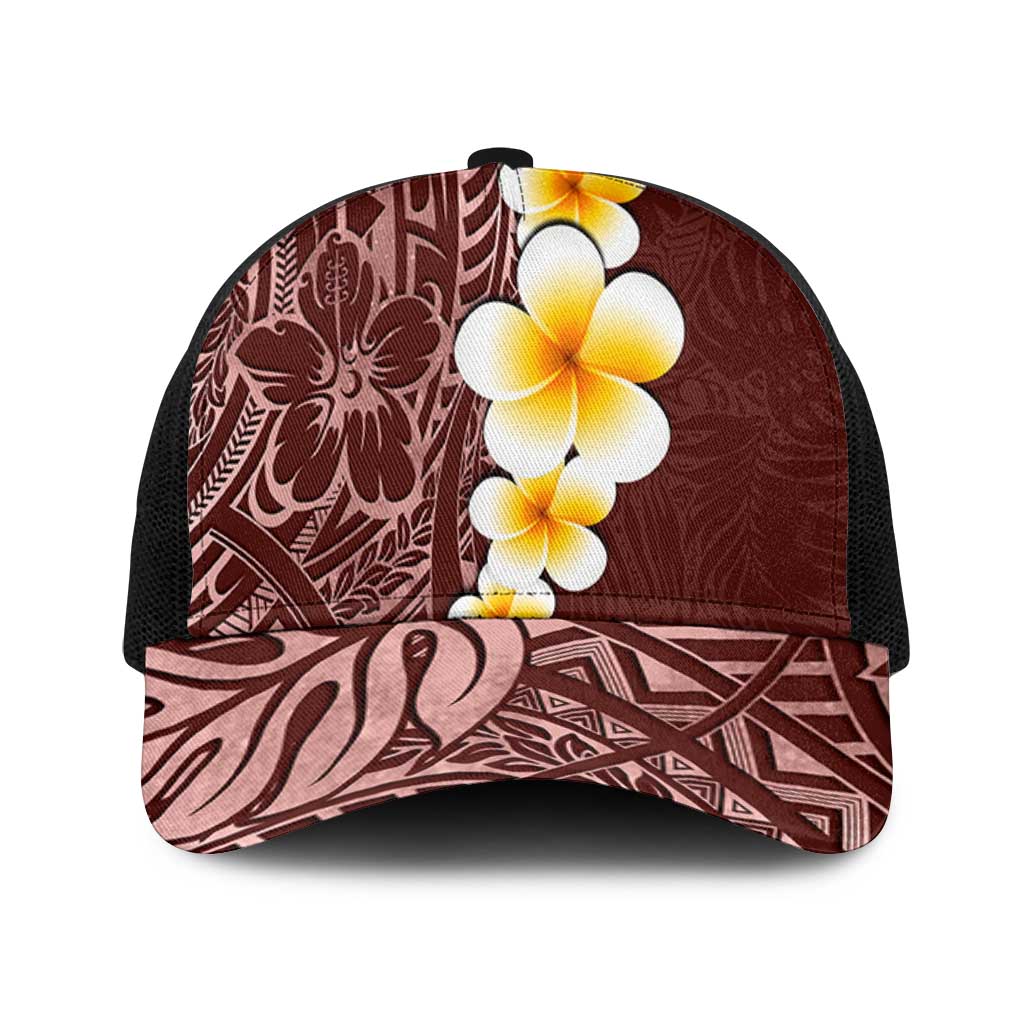 Oxblood Tropical Plumeria With Galaxy Polynesian Art Mesh Trucker Cap - Polynesian Pride