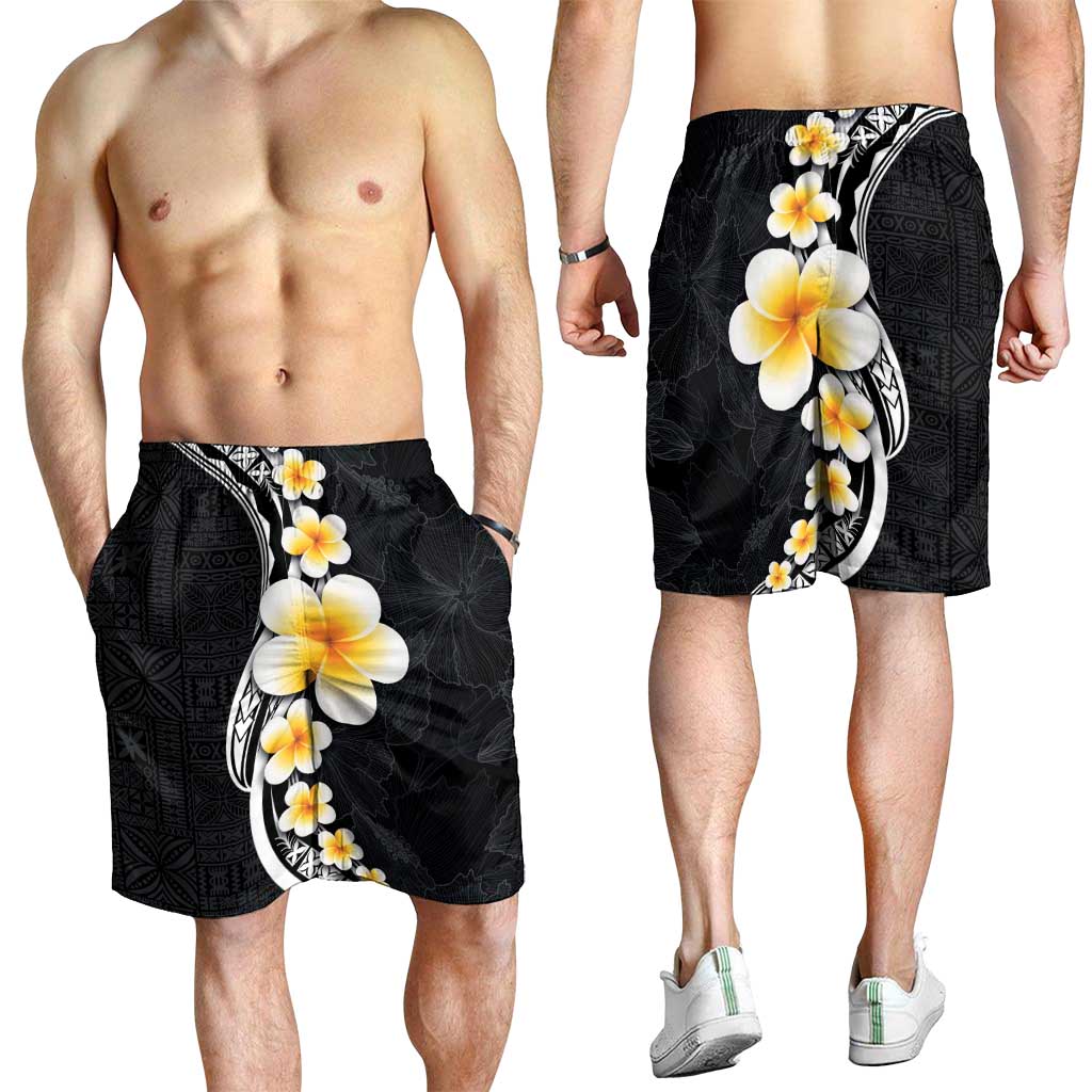 Pacific Hibiscus and Plumeria Tapa Pattern Shorts for Men Black Color - Polynesian Pride