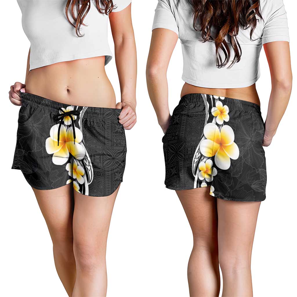 Pacific Hibiscus and Plumeria Tapa Pattern Shorts for Women Black Color LT03 - Polynesian Pride