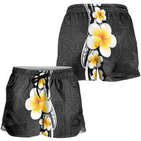 Pacific Hibiscus and Plumeria Tapa Pattern Shorts for Women Black Color LT03 - Polynesian Pride