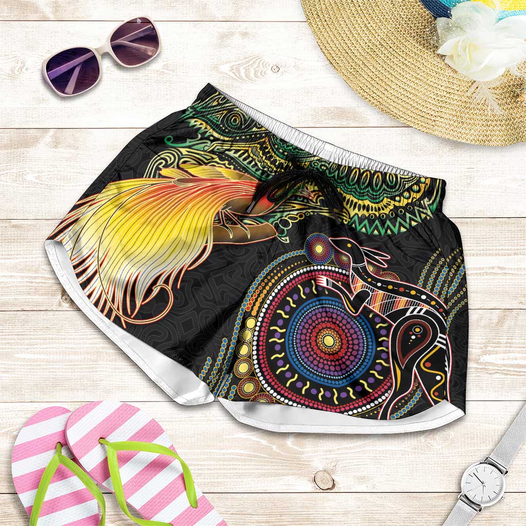 Papua New Guinea and Australia Together Shorts for Women Bird of Paradise and Kangaroo Melanesian Aboriginal Motifs - Polynesian Pride