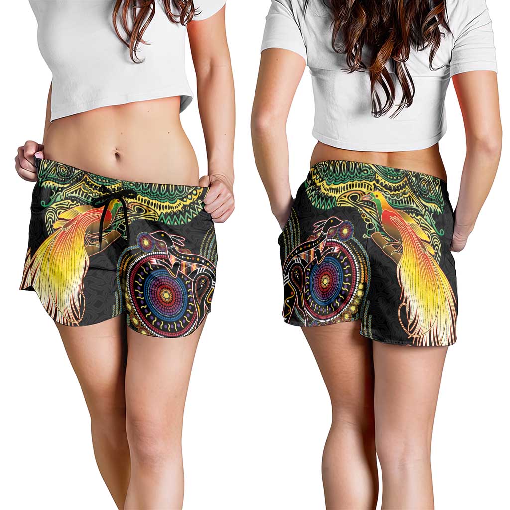 Papua New Guinea and Australia Together Shorts for Women Bird of Paradise and Kangaroo Melanesian Aboriginal Motifs - Polynesian Pride