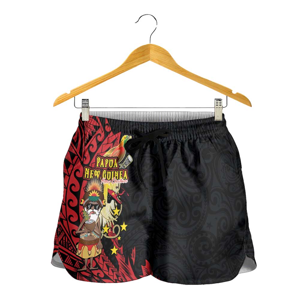 Papua New Guinea Christmas Shorts for Women Funny Melanesian Santa with Bird-of-paradise Tribal Style - Polynesian Pride