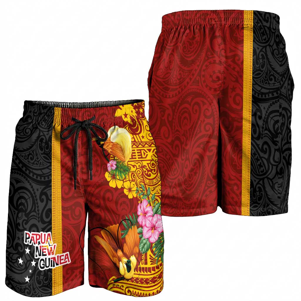 Papua New Guinea Shorts for Men Birds-of-Paradise Melanesian Tattoos Tropical Plants LT03 - Polynesian Pride