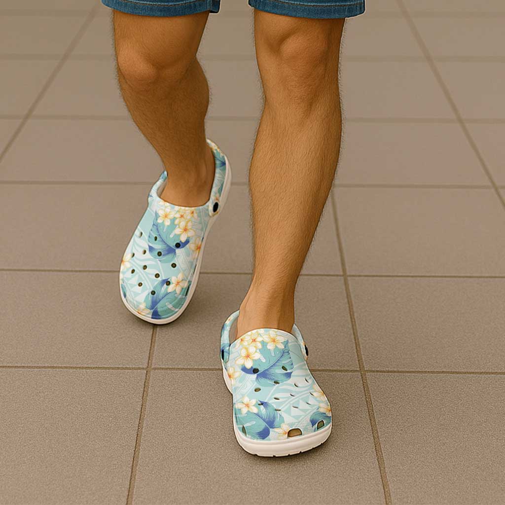 Pastel Cyan Tropical Hawaii Clogs Shoes Seamless Monstera Plumeria Hawaiian Pattern - Polynesian Pride