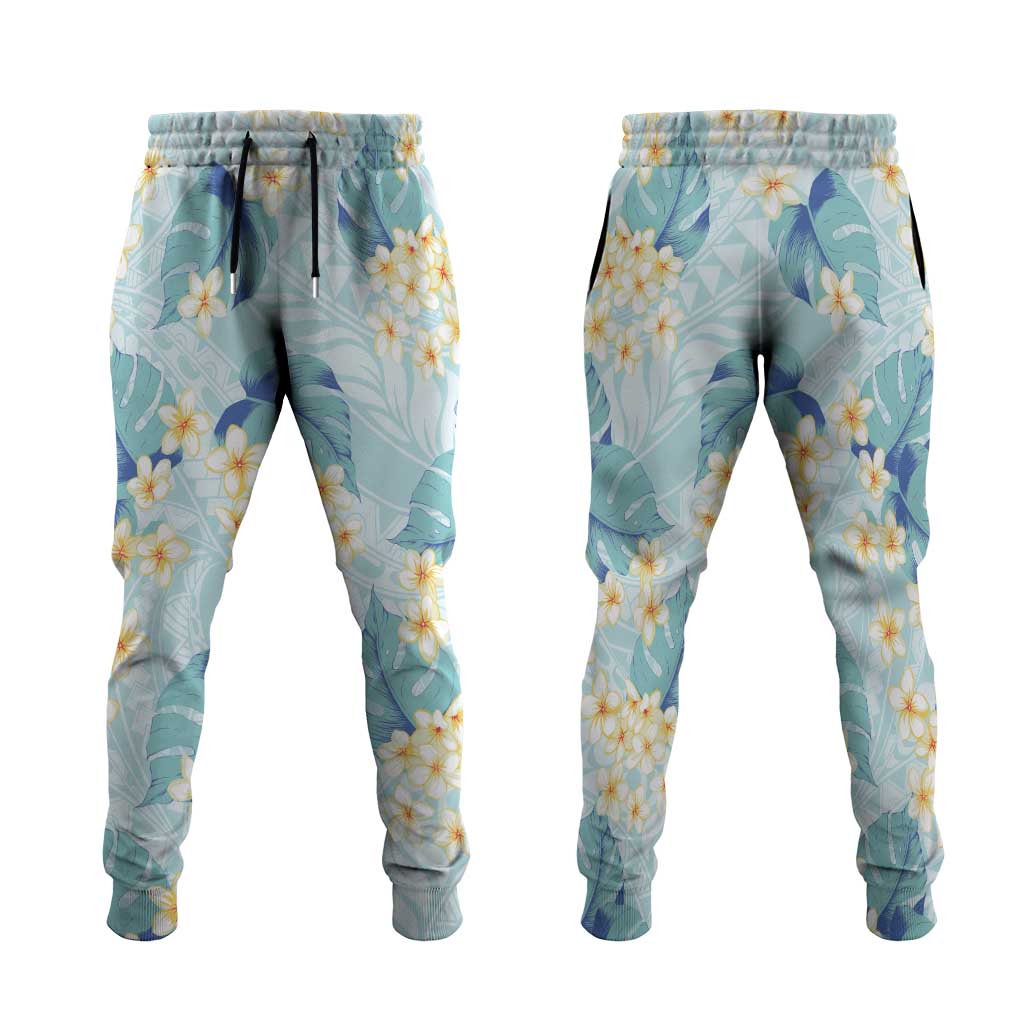Pastel Cyan Tropical Hawaii Jogger Pants Seamless Monstera Plumeria Hawaiian Pattern - Polynesian Pride
