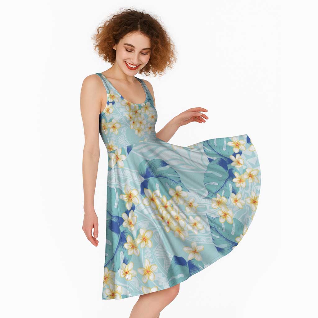 Pastel Cyan Tropical Hawaii Midi Dress Seamless Monstera Plumeria Hawaiian Pattern - Polynesian Pride