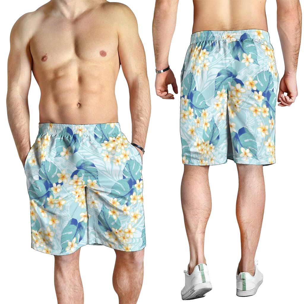 Pastel Cyan Tropical Hawaii Shorts for Men Seamless Monstera Plumeria Hawaiian Pattern - Polynesian Pride