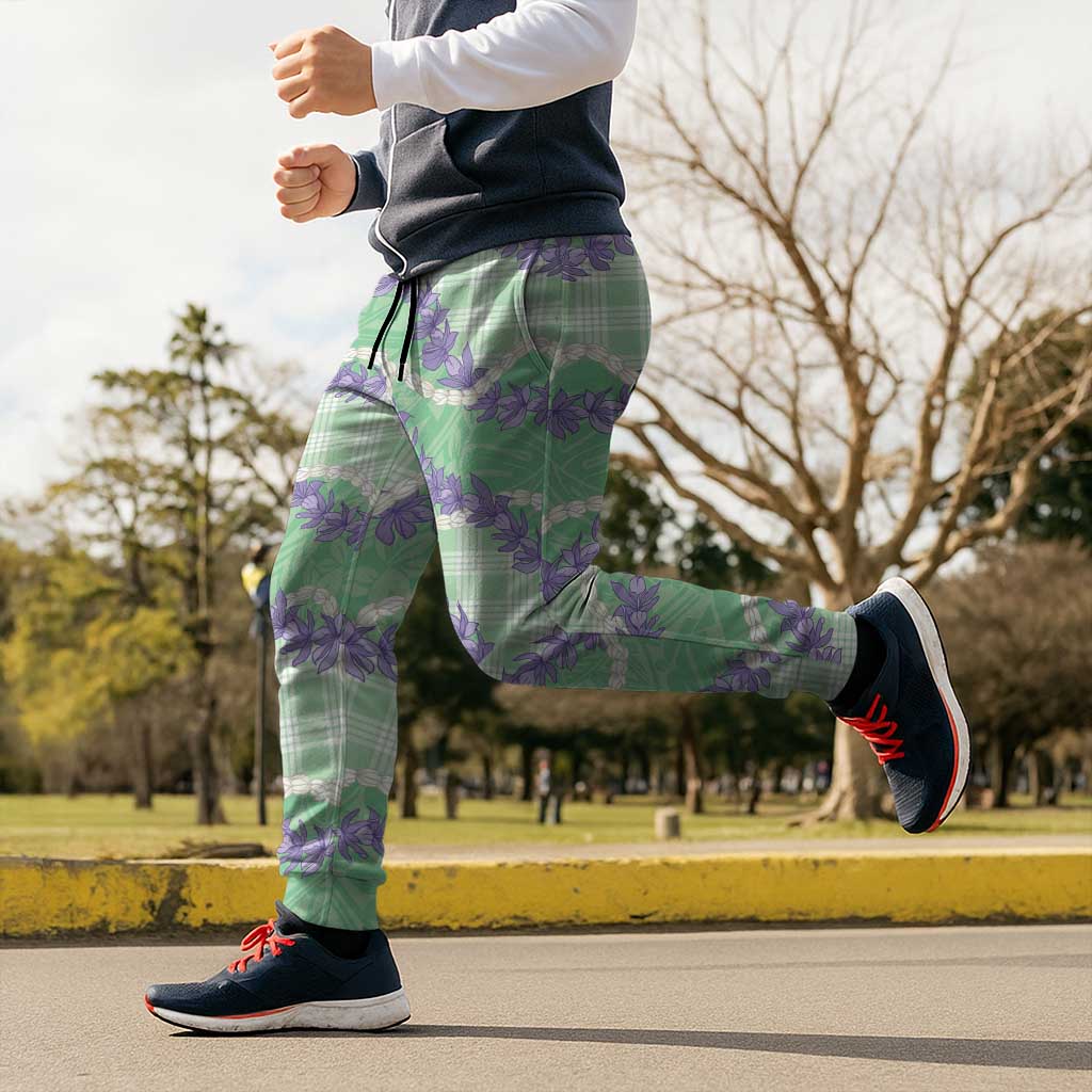 Pastel Green Hawaii Palaka Honohono Pikake Jogger Pants Hawaiian Orchid Lei Polynesian Pattern - Polynesian Pride