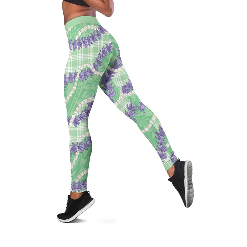 Pastel Green Hawaii Palaka Honohono Pikake Leggings Hawaiian Orchid Lei Polynesian Pattern - Polynesian Pride