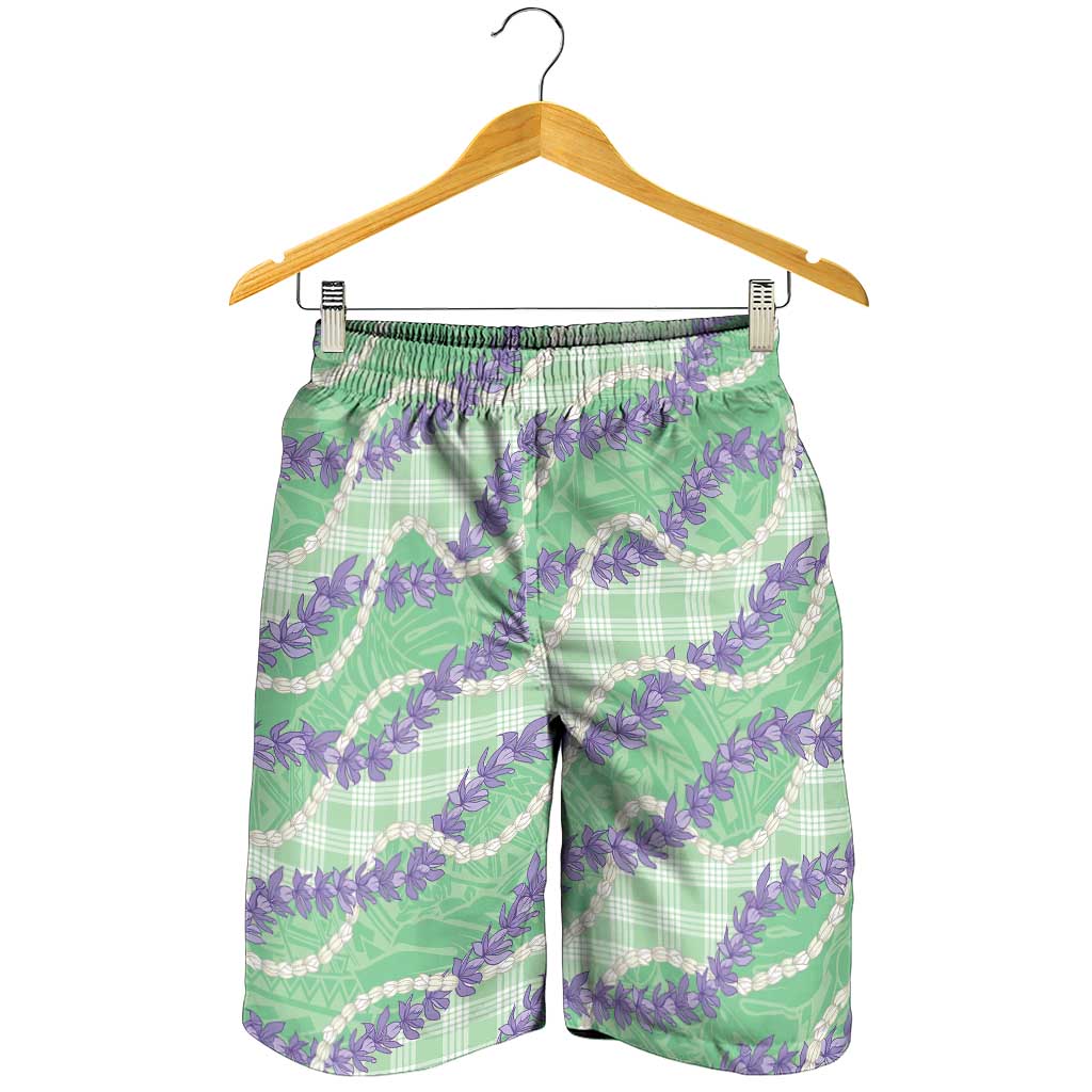 Pastel Green Hawaii Palaka Honohono Pikake Shorts for Men Hawaiian Orchid Lei Polynesian Pattern - Polynesian Pride