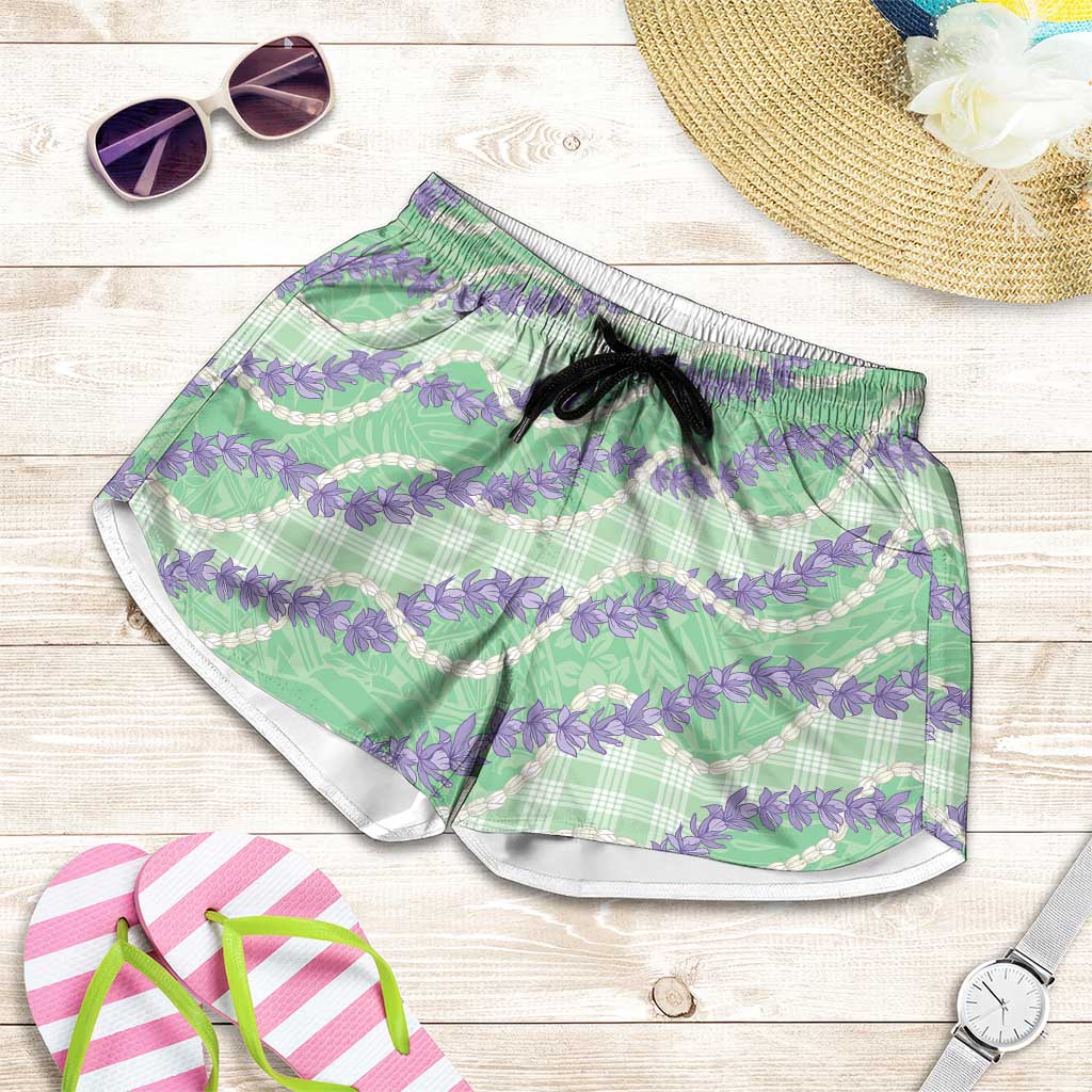 Pastel Green Hawaii Palaka Honohono Pikake Shorts for Women Hawaiian Orchid Lei Polynesian Pattern - Polynesian Pride