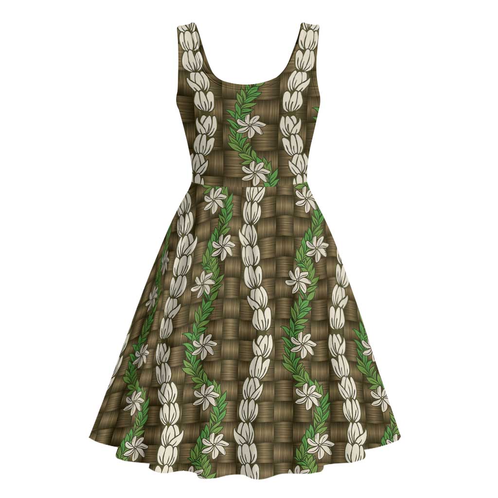 Pikake Maile Tiare Lei Midi Dress Natural Lauhala Pattern