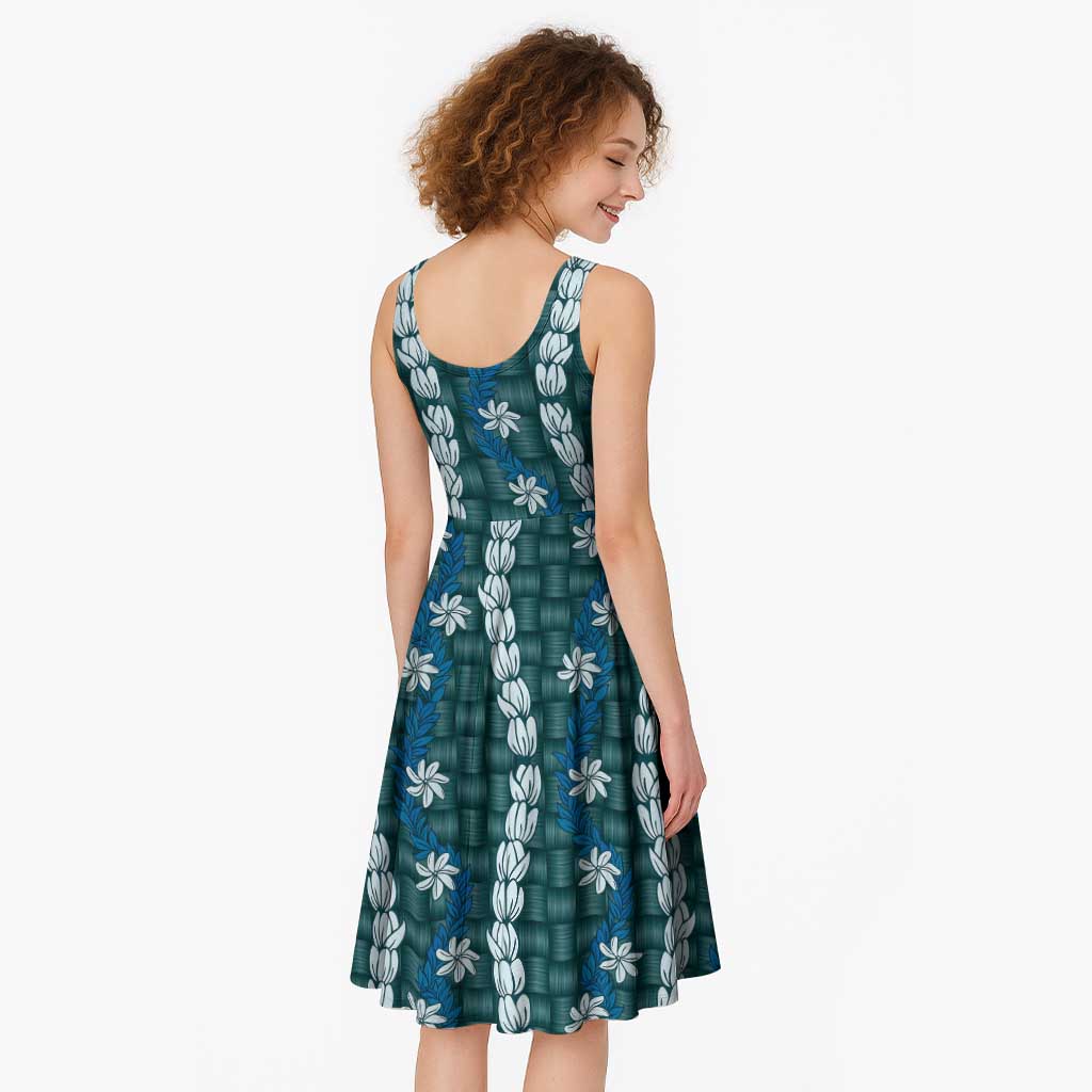 Pikake Maile Tiare Lei Midi Dress Polu Lauhala Pattern