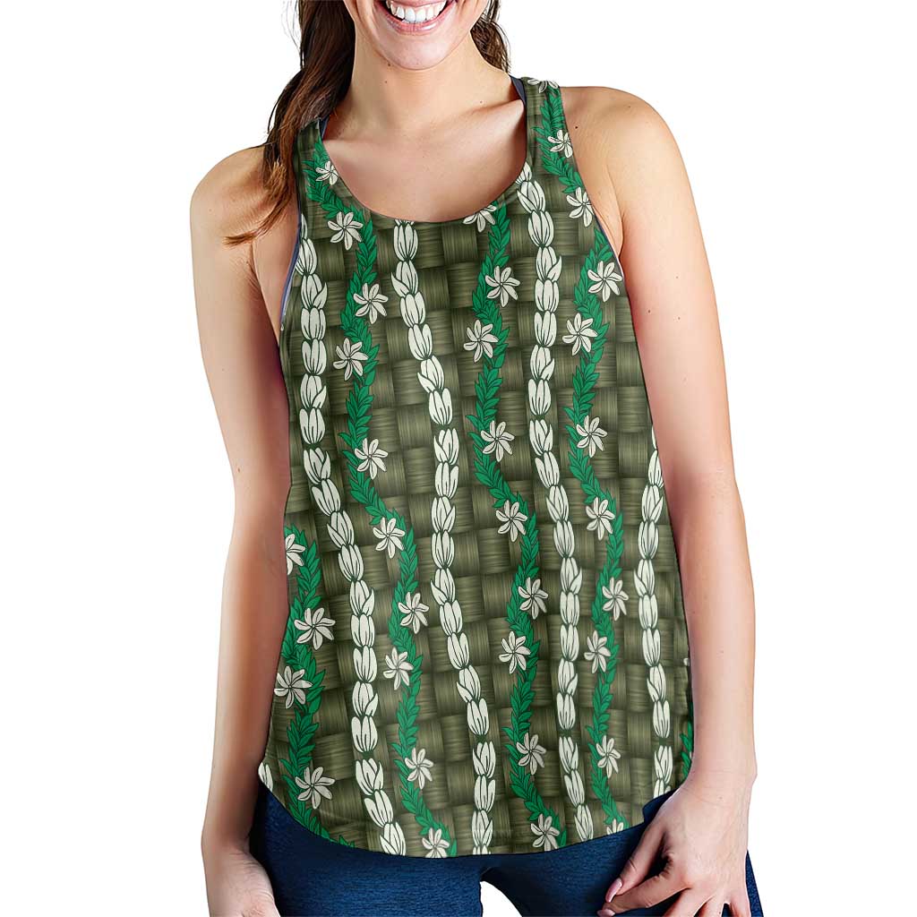 Pikake Maile Tiare Lei Women Racerback Tank Omaomao Lauhala Pattern
