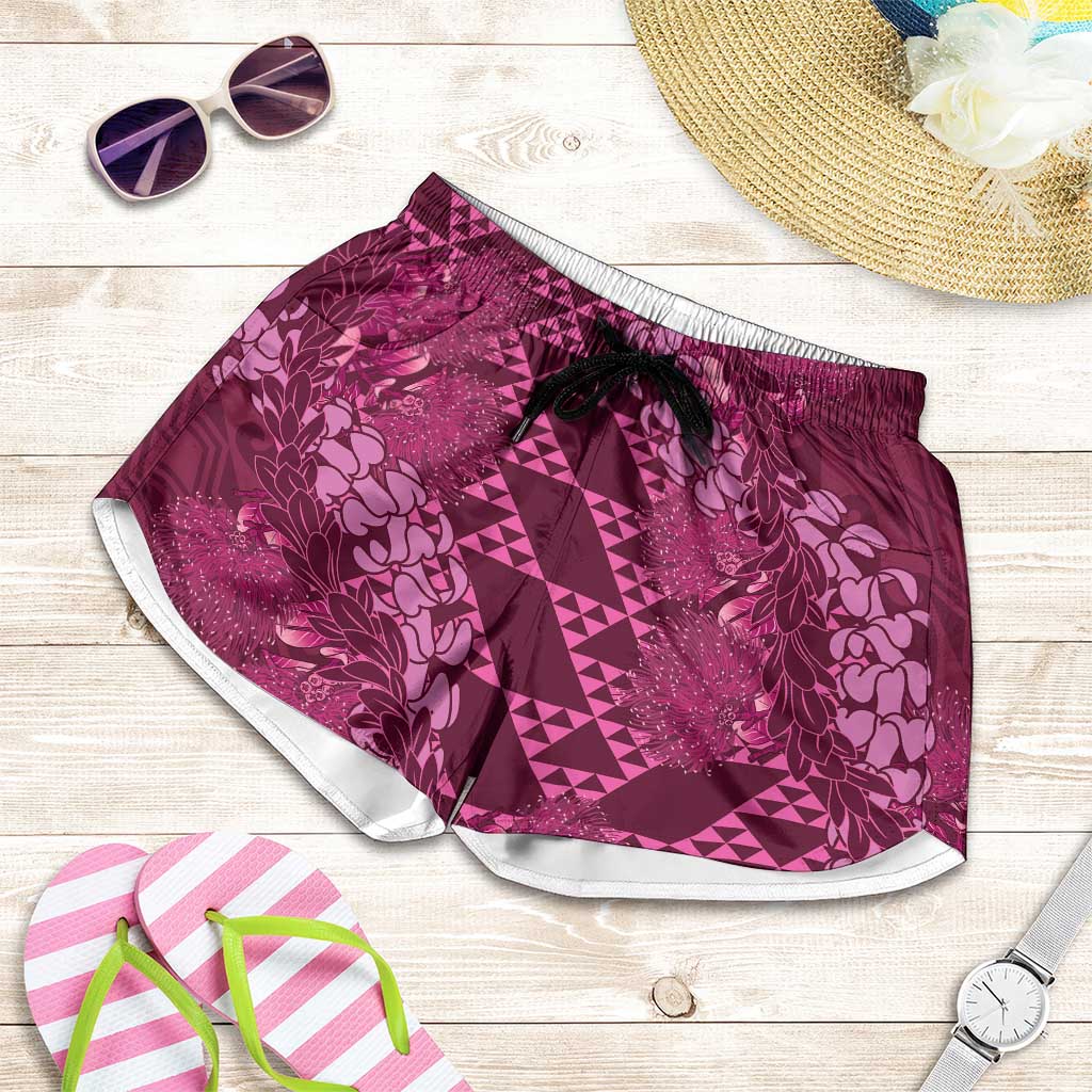 Pink Aloha Hawaii Shorts for Women Hawaiian Kakau Ohia Lehua Lei - Polynesian Pride