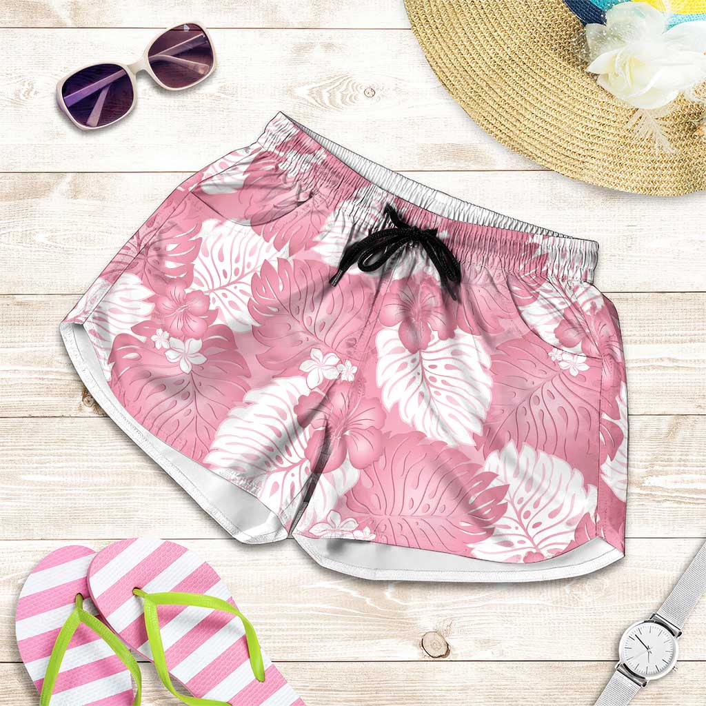 Pink Aloha Hawaii Shorts for Women Monstera Hibiscus Plumeria Seamless Vibes - Polynesian Pride