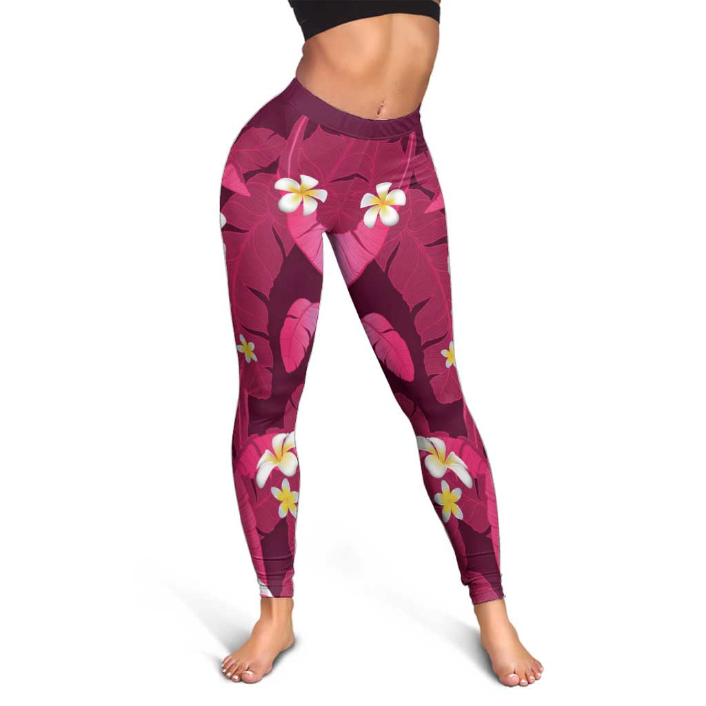 Pink Banana Leaf Hawaii Leggings Lau Maia Plumeria Tropical Summer Vibes
