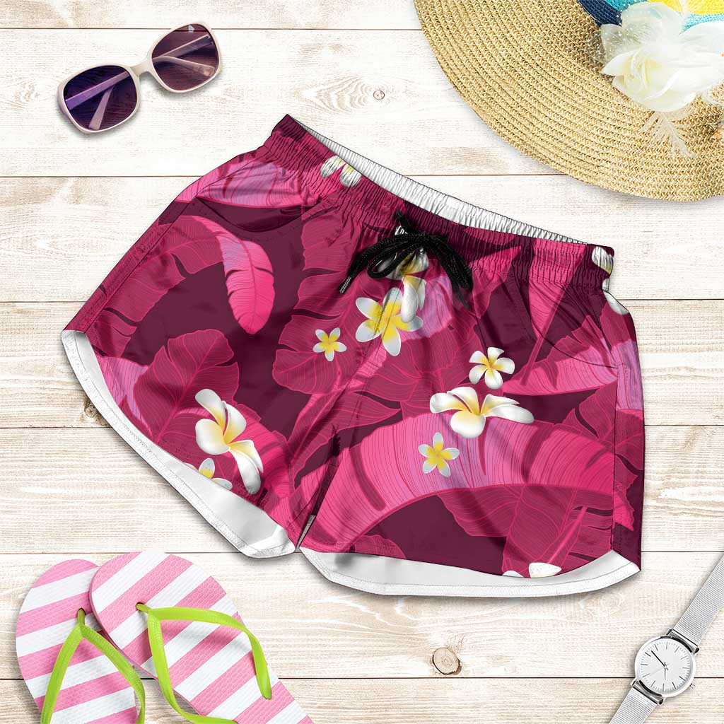 Pink Banana Leaf Hawaii Shorts for Women Lau Maia Plumeria Tropical Summer Vibes LT14 Pink - Polynesian Pride