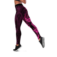 Pink Black Aloha Hawaii Leggings Polynesian Shark Tattoo With Plumeria - Polynesian Pride