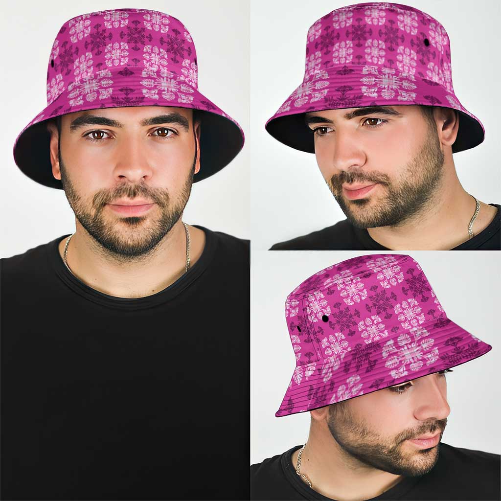 Pink Hawaiian Quilt Bucket Hat Hawaii Pineapple Monstera Palaka Motifs - Polynesian Pride