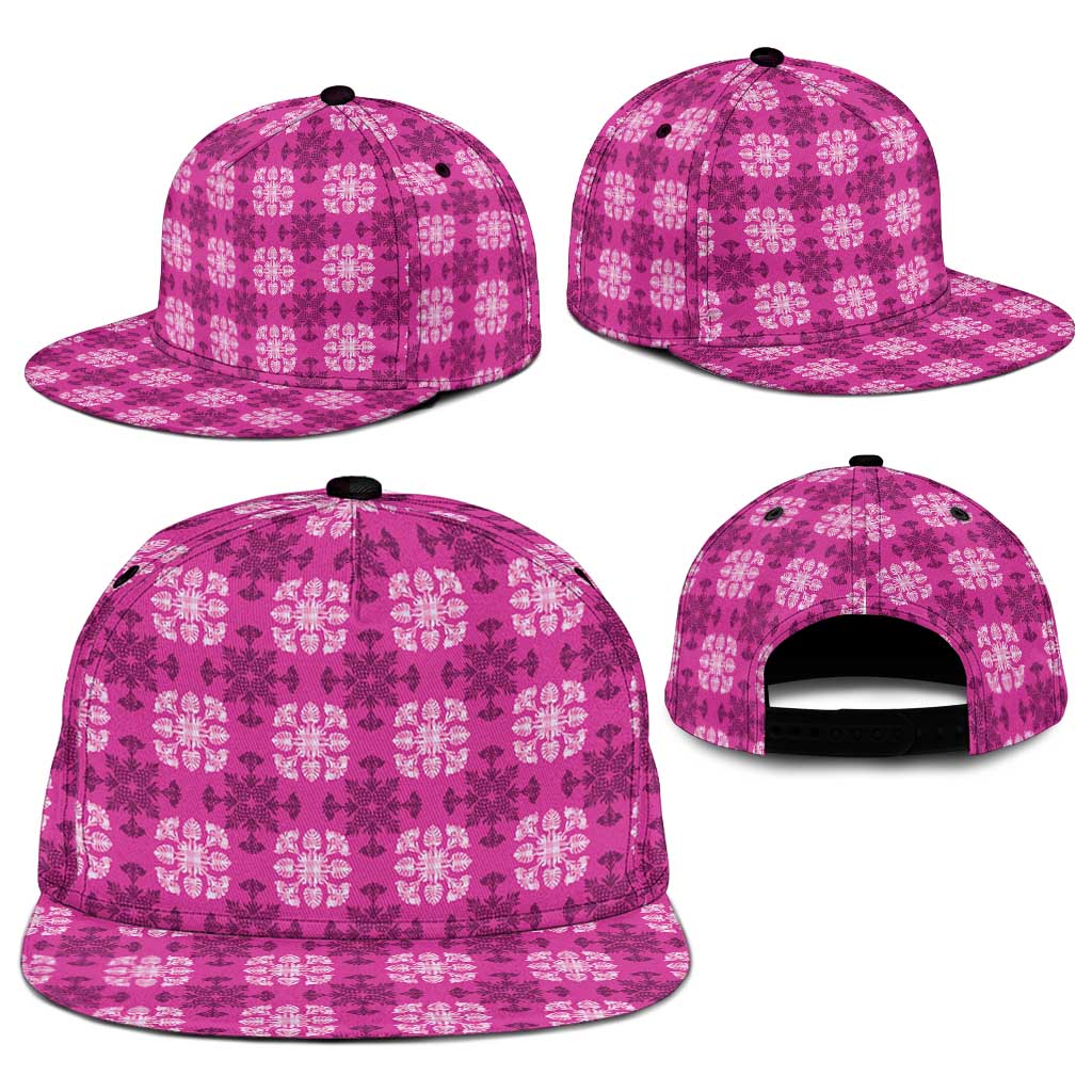Pink Hawaiian Quilt Snapback Cap Hawaii Pineapple Monstera Palaka Motifs - Polynesian Pride